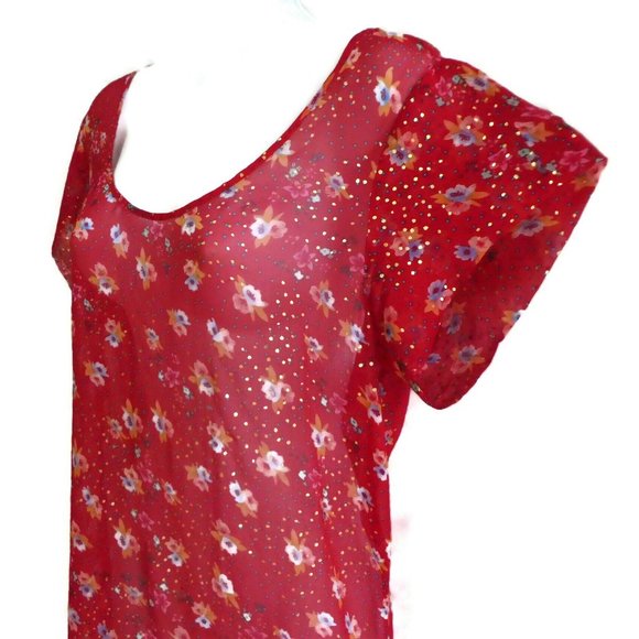 Silk Ella Moss Dress Pure Silk Sheer Lurex Floral Red L - Picture 5 of 10